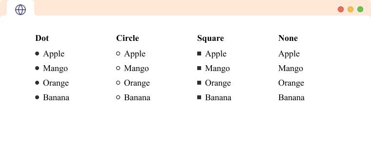 HTML unordered lists with 4 list marker types